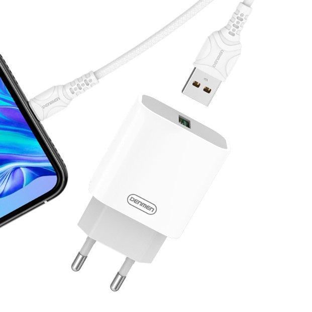 Зарядное устройство сетевое Denmen DC07L QC3.0 18W 1USB 3.6A кабель Lightning 1 м Белый (209-00108)
