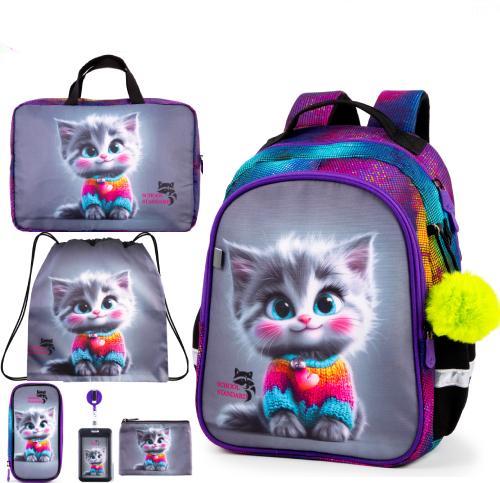 Ортопедический школьный рюкзак 6 в 1 для девочки School Standard 38х28х16 см с Котом для младших классов (SET 160-21)