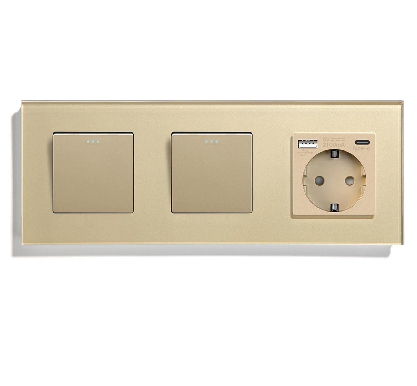 Вимикач перехресний LUXION 2-клавішний 1-1 з розеткою USB A+C 20Вт із заземленням 16А 230 В скло Золотий