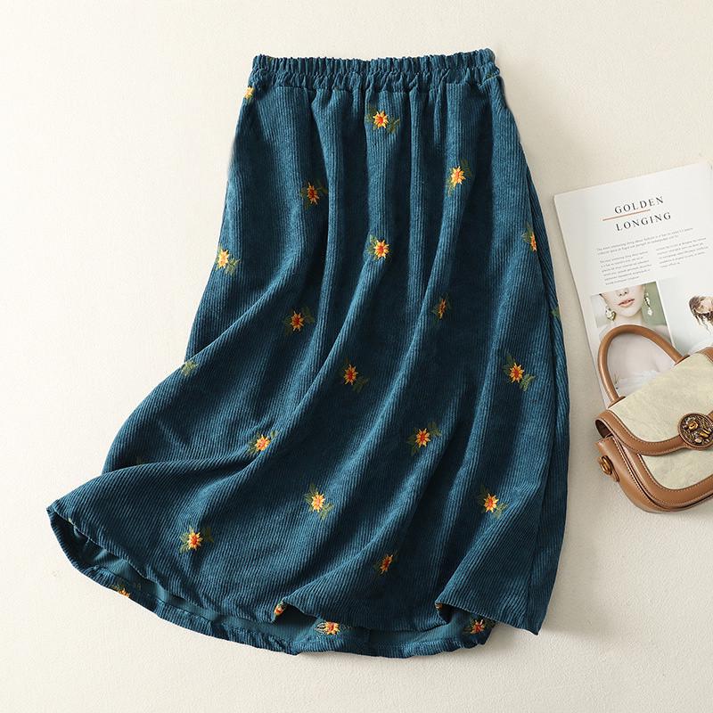 Юбка вельветовая длинная с вышитыми цветами 3XL Синий (K6-440-1748-С-3XL)