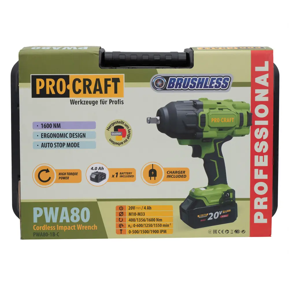 Гайковерт акумуляторний безщітковий ProCraft PWA80 з 1 акумулятором Li-ion та зарядним пристроєм - фото 11 Гайковерт акумуляторний безщітковий ProCraft PWA80 з 1 акумулятором Li-ion та зарядним пристроєм - фото 11