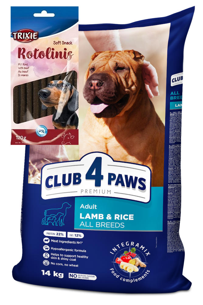 Корм для собак Клуб 4 Лапы Premium для всех пород Ягненок с рисом 14 кг и палочки с говядиной 120 г
