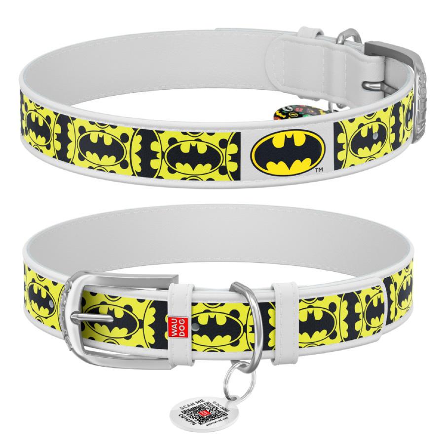 Ошейник для собак кожаный Waudog Design Бэтмен4 с QR паспортом XL 35 мм 44-58 см