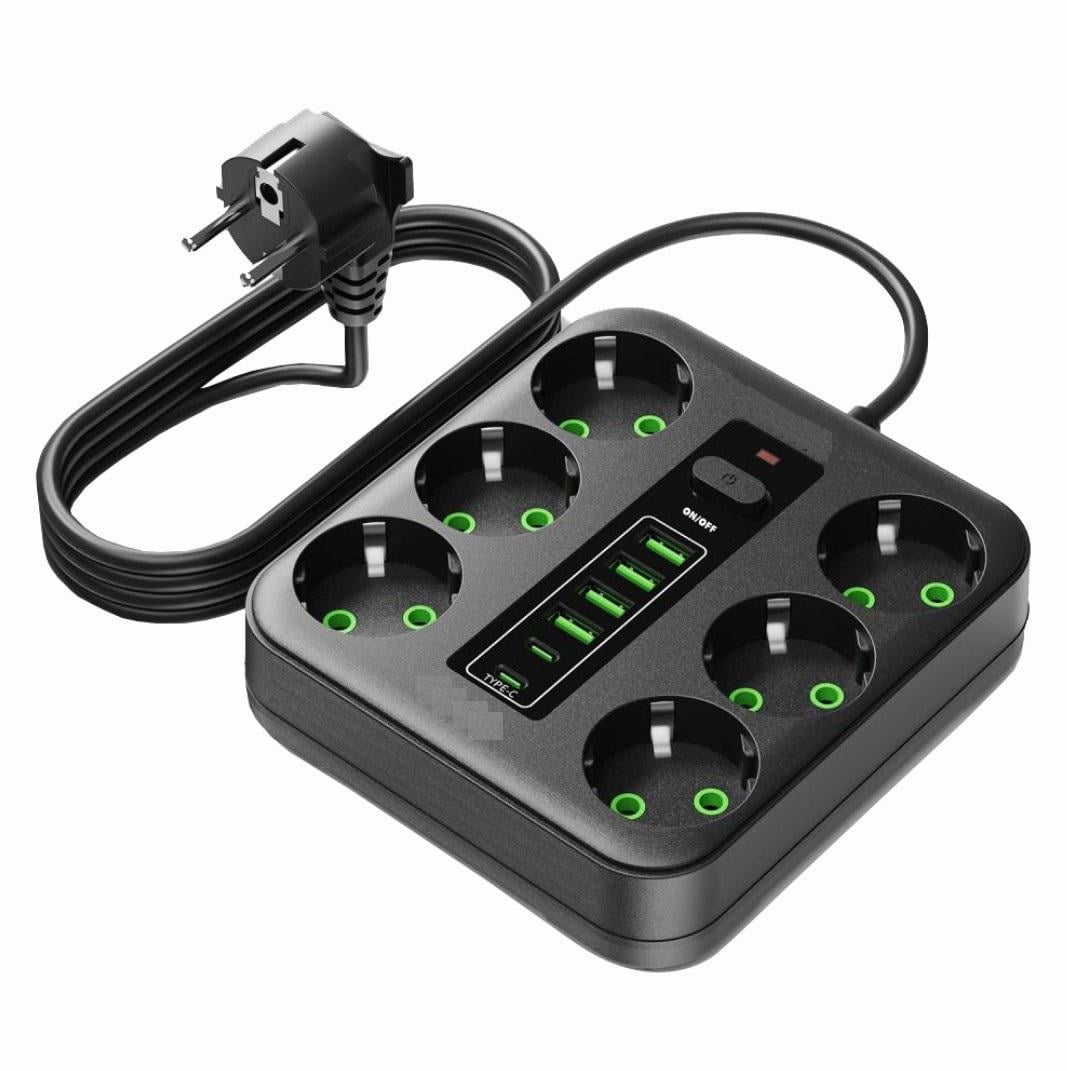 Удлинитель с предохранителем 6 розетками/4 USB/2 Type C с заземлением 2500 Вт 5 м Черный (38136797)