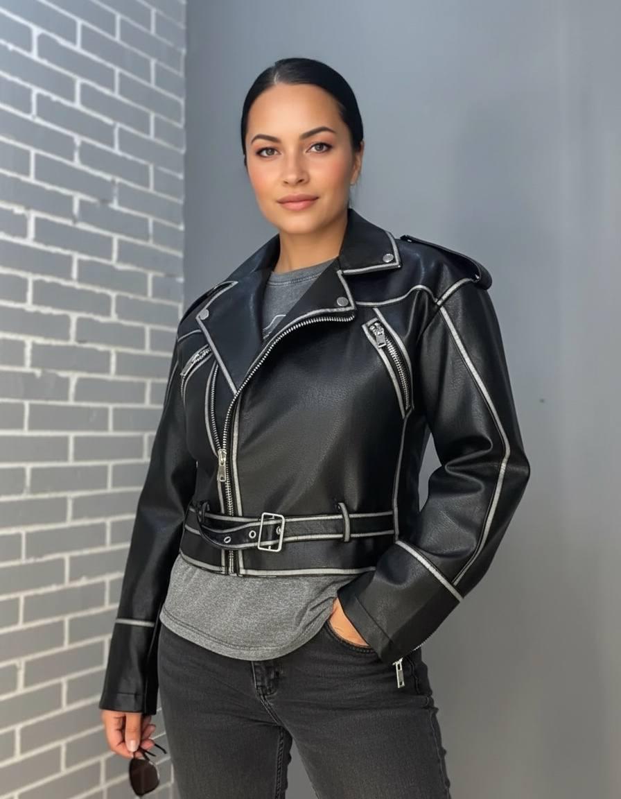 Куртка женская Aftf Basic 2466 короткая косуха молнии пояс вареные швы экокожа L Черный (2759)