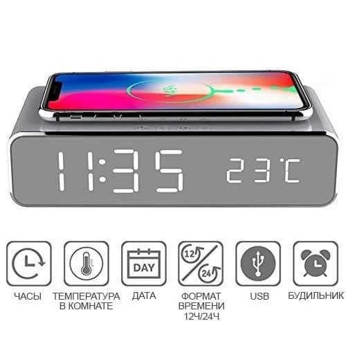 Зарядка бездротова з LED годинником Fast wireless charger/clock 10 W Чорний - фото 2