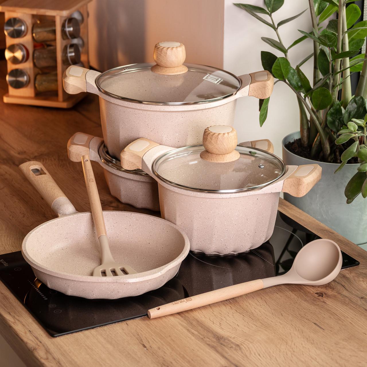 Набор посуды кастрюли 3 шт./сковорода MGC/лопатка/половник Бежевый - фото 8 Набор посуды кастрюли 3 шт./сковорода MGC/лопатка/половник Бежевый - фото 8