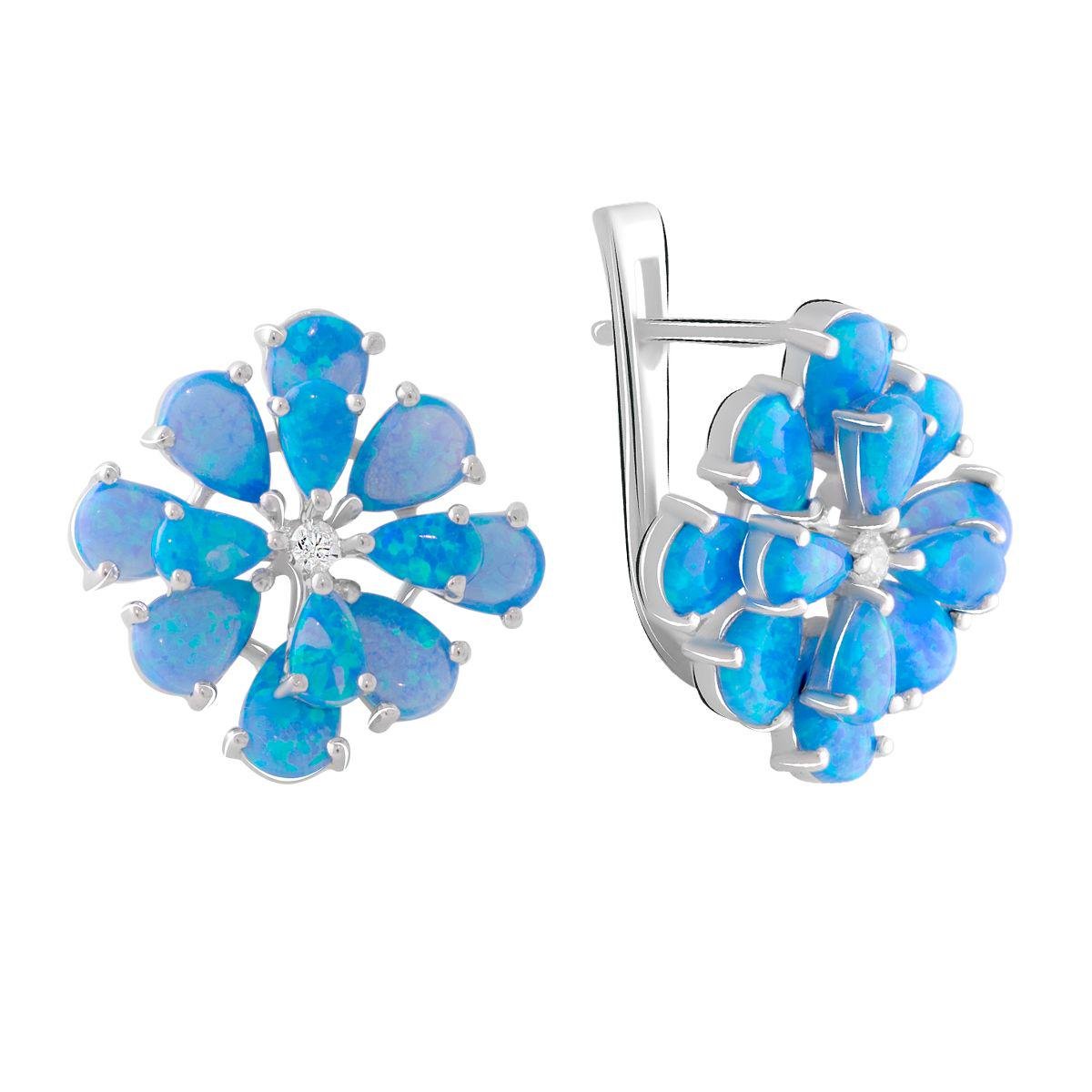 Серьги серебряные с голубым опалом в форме цветка