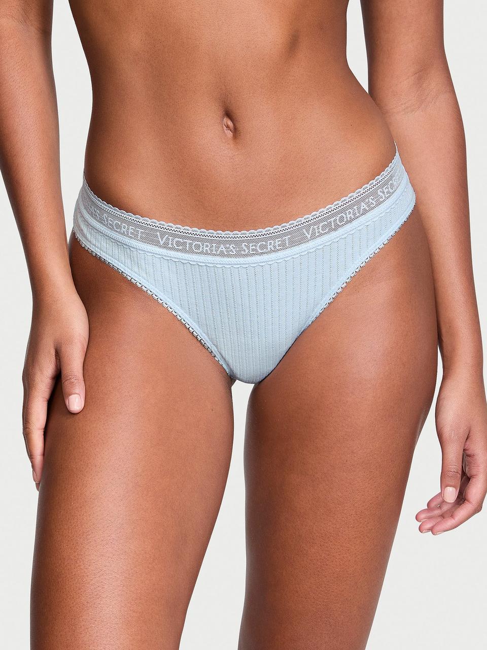 Трусики женские Victoria's Secret Logo Cotton Lace-Waist Thong M Голубой (2285502522)