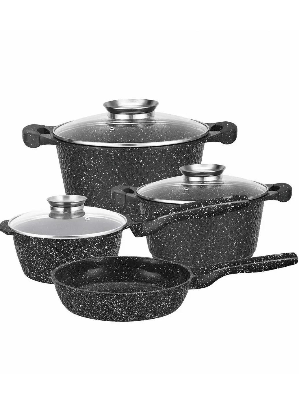 Набір каструль та сковорода Higher Kitchen HK-315 з гранітним антипригарним покриттям 7 пр. Чорний (315524) Набір каструль та сковорода Higher Kitchen HK-315 з гранітним антипригарним покриттям 7 пр. Чорний (315524)