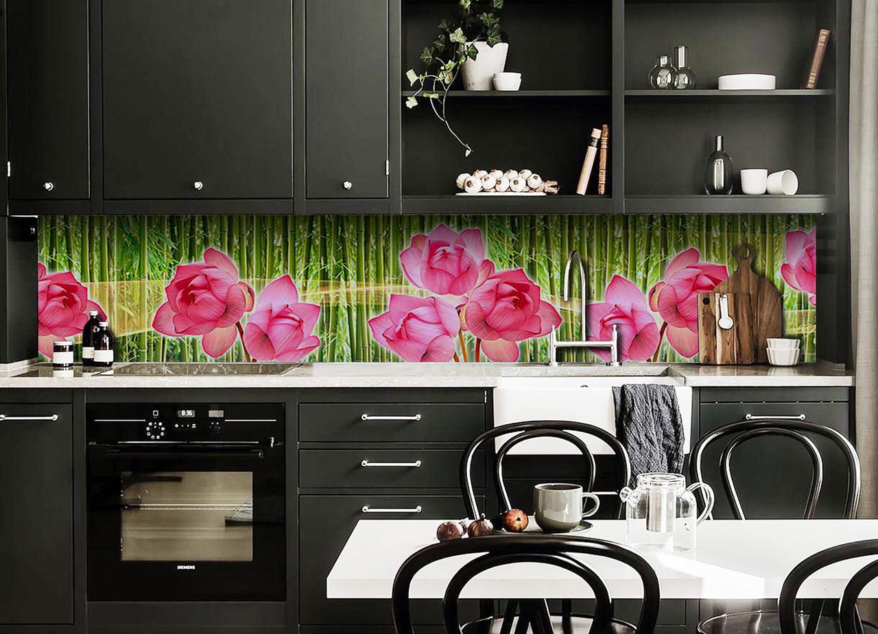 Кухонный фартук Цветы лотоса бамбук восток из самоклеющейся виниловой пленки 60х300 см Зеленый