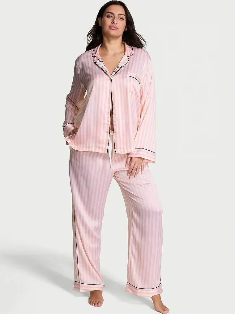 Пижама сатиновая Victoria's Secret Glazed Satin Long Pajama Set Pink Stripe Regular полоска M Розовый (27162009D)