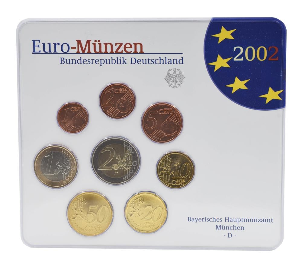 Набор коллекционных монет Германия 2002 UNC D 1/2/5/10/20/50 евроцентов/1/2 евро в сувенирной упаковке 8 шт. (27646416)