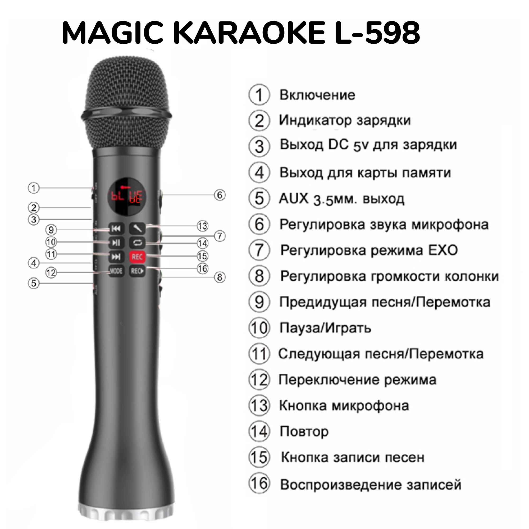 Караоке микрофон Bluetooth Magic Karaoke L 598 колонка Черный - фото 12