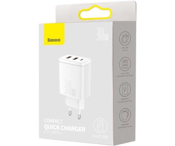 Устройство зарядное сетевое Baseus Compact CCXJ-E02 2USB QC 3.0 Type-C PD 30W White - фото 4