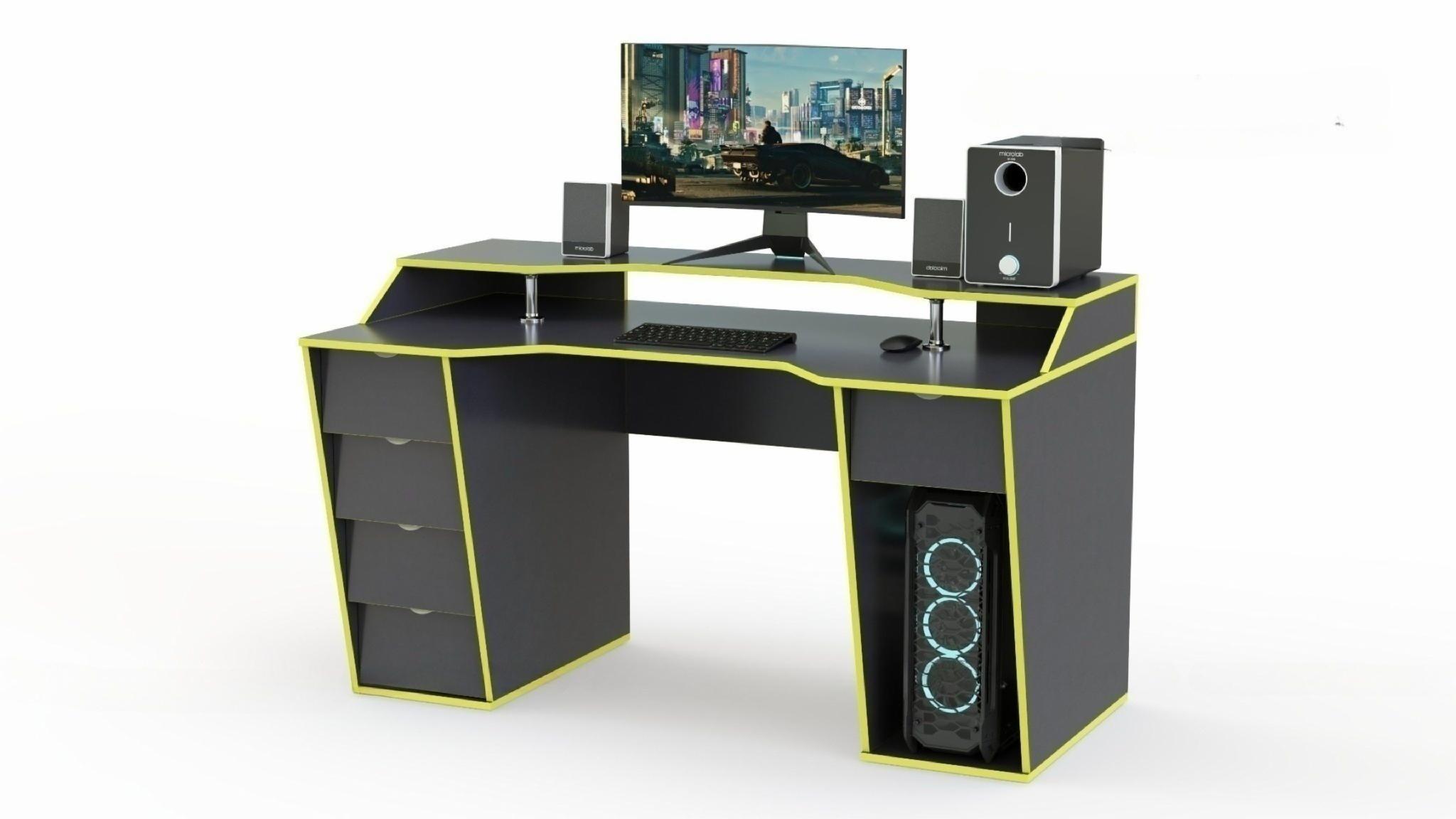 Геймерский стол COMFORT X1600 с надстройкой и ящиками 160х90х95 см Антрацит с желтым