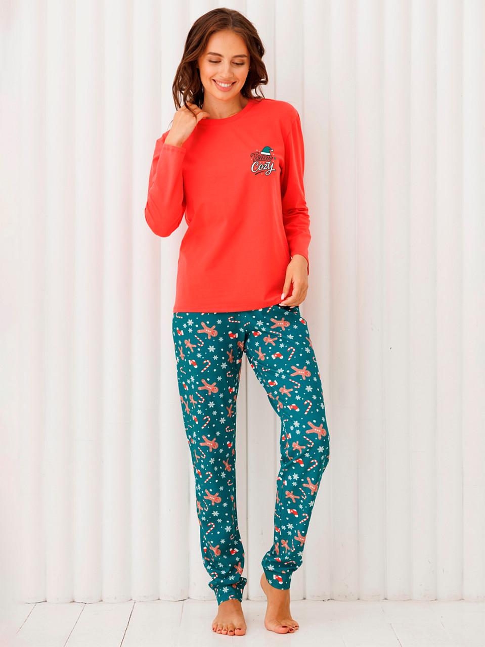 Пижама новогодняя женская Leinle лонгслив/брюки с принтом хлопковая L Оранжевый/Зеленый (1286/16199)