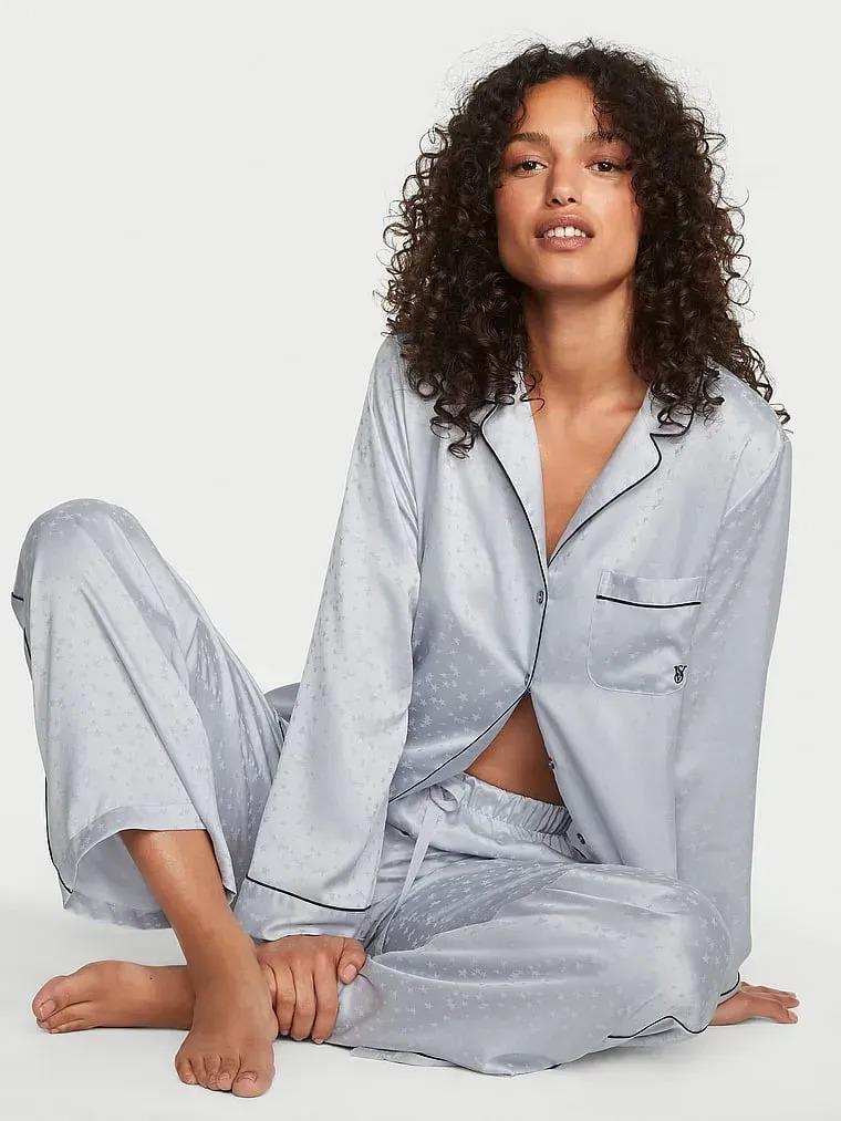 Піжама сорочка/штани сатинова Victoria's Secret Satin Long Pajama Set M Блакитний (26717450)