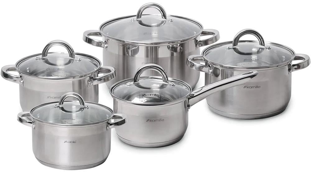 Набор посуды Kamille Glass Strip 4 кастрюли 2,1/2,9/3,9/6,5 л и ковш 2,1 л (KM-5633S)