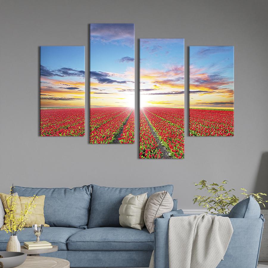 Модульная картина из четырех частей на холсте интерьерная картина Рассвет над тюльпановым полем 89x56 см (595-42)