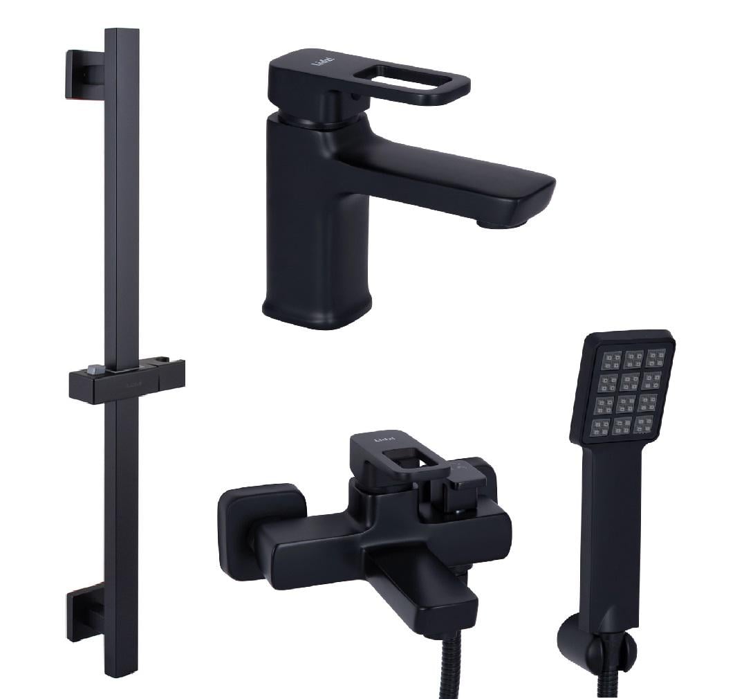 Комплект смесителей Lidz Wawel для ванной 3в1 умывальник/ванная/душевая стойка с ручным душем Черный (4539345392)