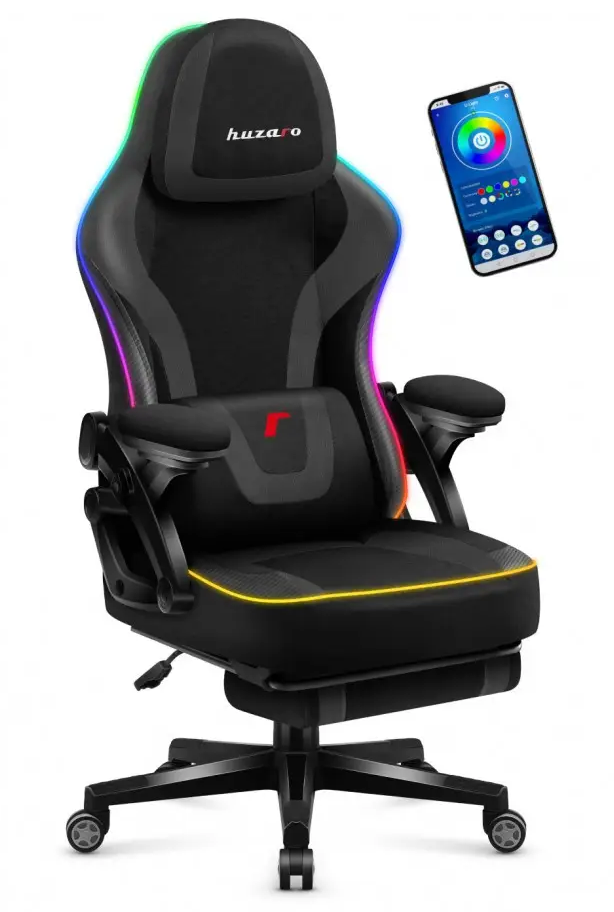 Кресло геймерское с RGB подсветкой Huzaro Force 4.6 RGB Black с подставкой для ног до 130 кг Черный (AN-FOR4.6BRGB)