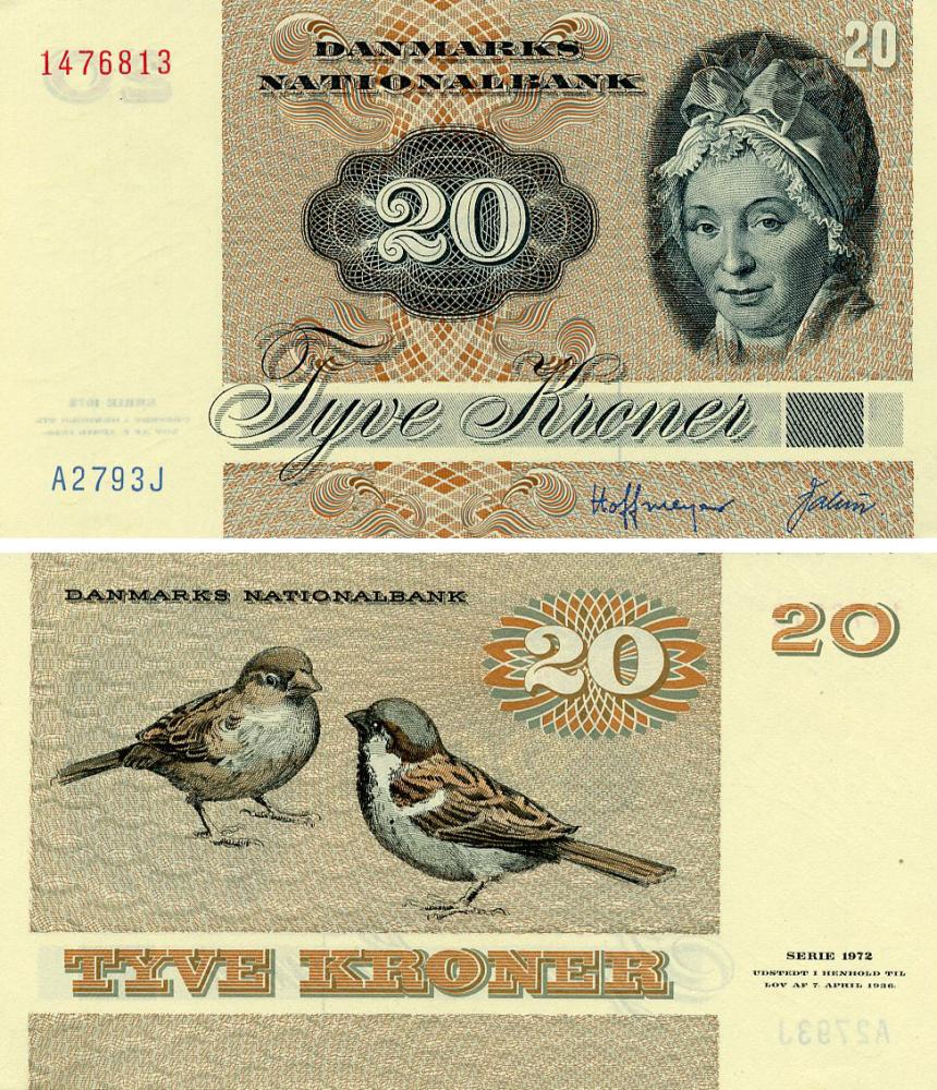 Коллекционная банкнота Дания 20 крон 1979 UNC Подписи: Hoffmeyer и Valeur (P49a(3)