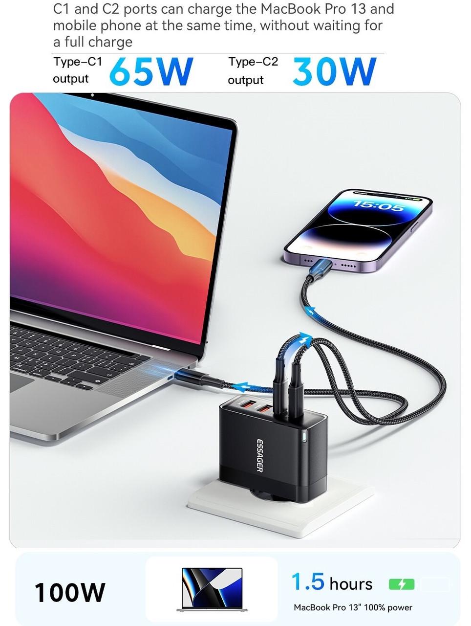 Зарядний пристрій мережевий Essager GAN 100W 2 Type-C/2 USB (25397376) - фото 7 Зарядний пристрій мережевий Essager GAN 100W 2 Type-C/2 USB (25397376) - фото 7