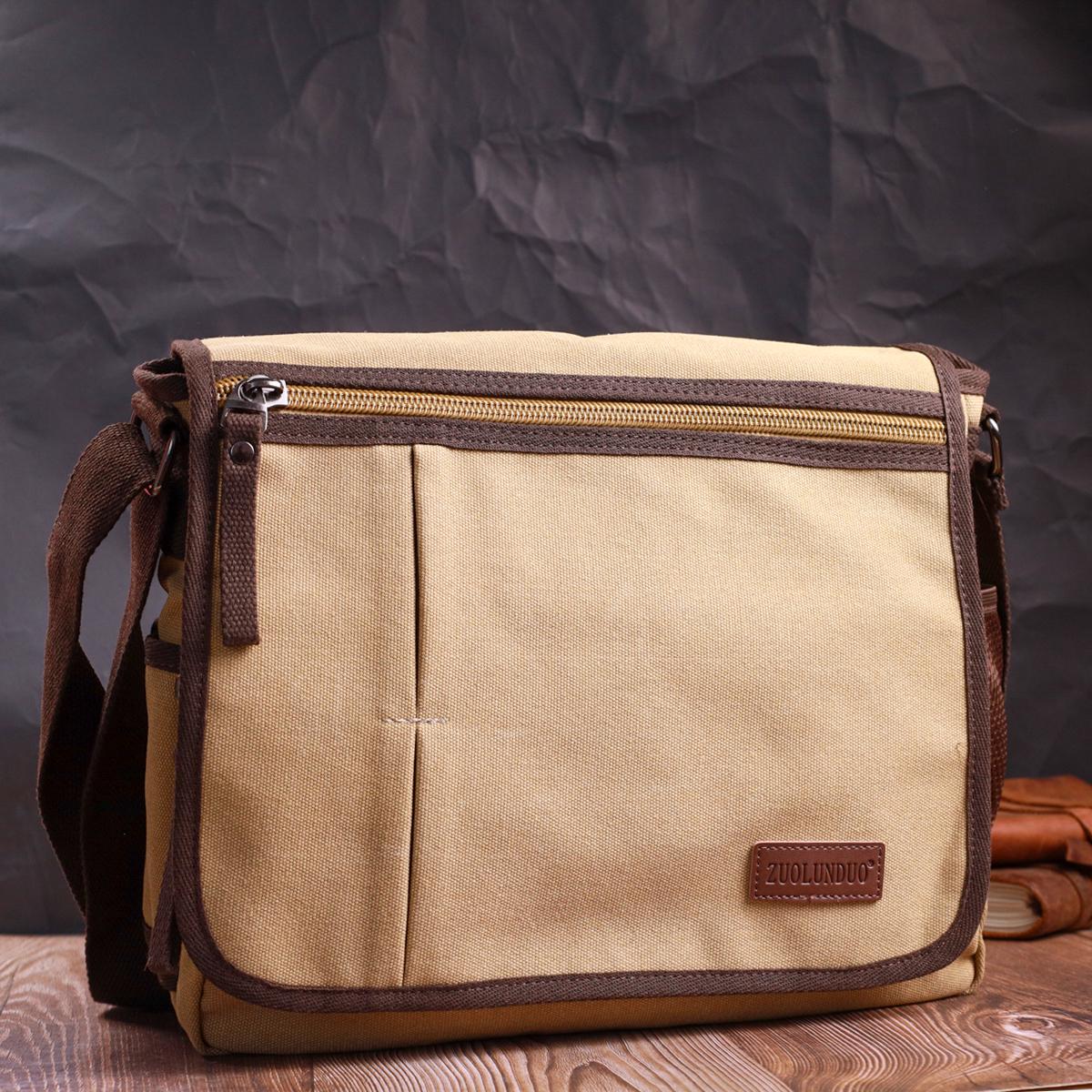 Мужская сумка для ноутбука Vintage Bag 22202 из плотного текстиля 13" Песочный - фото 7