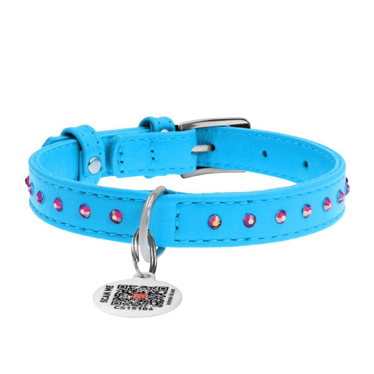 Ошейник для собак кожаный Waudog Glamour с QR паспортом/клеевыми стразами 15 мм х 27-36 см Голубой (32772 Col)