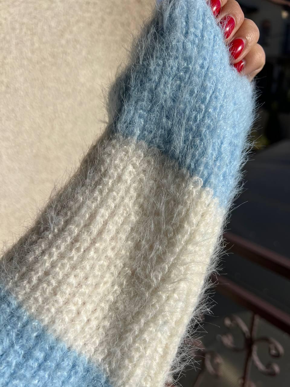 Светр жіночий A-N 2157 широка смуга короткий пухнастий ангора р. 42-46 Блакитний (3056) - фото 3