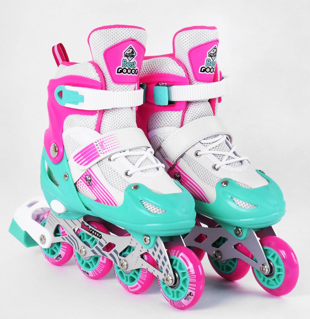 Роликові ковзани Best Roller PVC колеса світло на передньому колесі в сумці р. 34-37 Turquoise/Pink/White (98910)