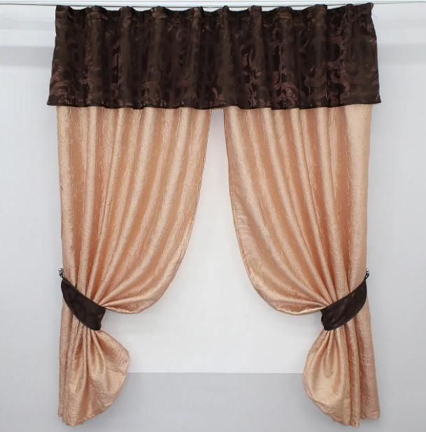 Занавеска на кухню с ламбрекеном 260х170 см Персиковый/Коричневый (073к)