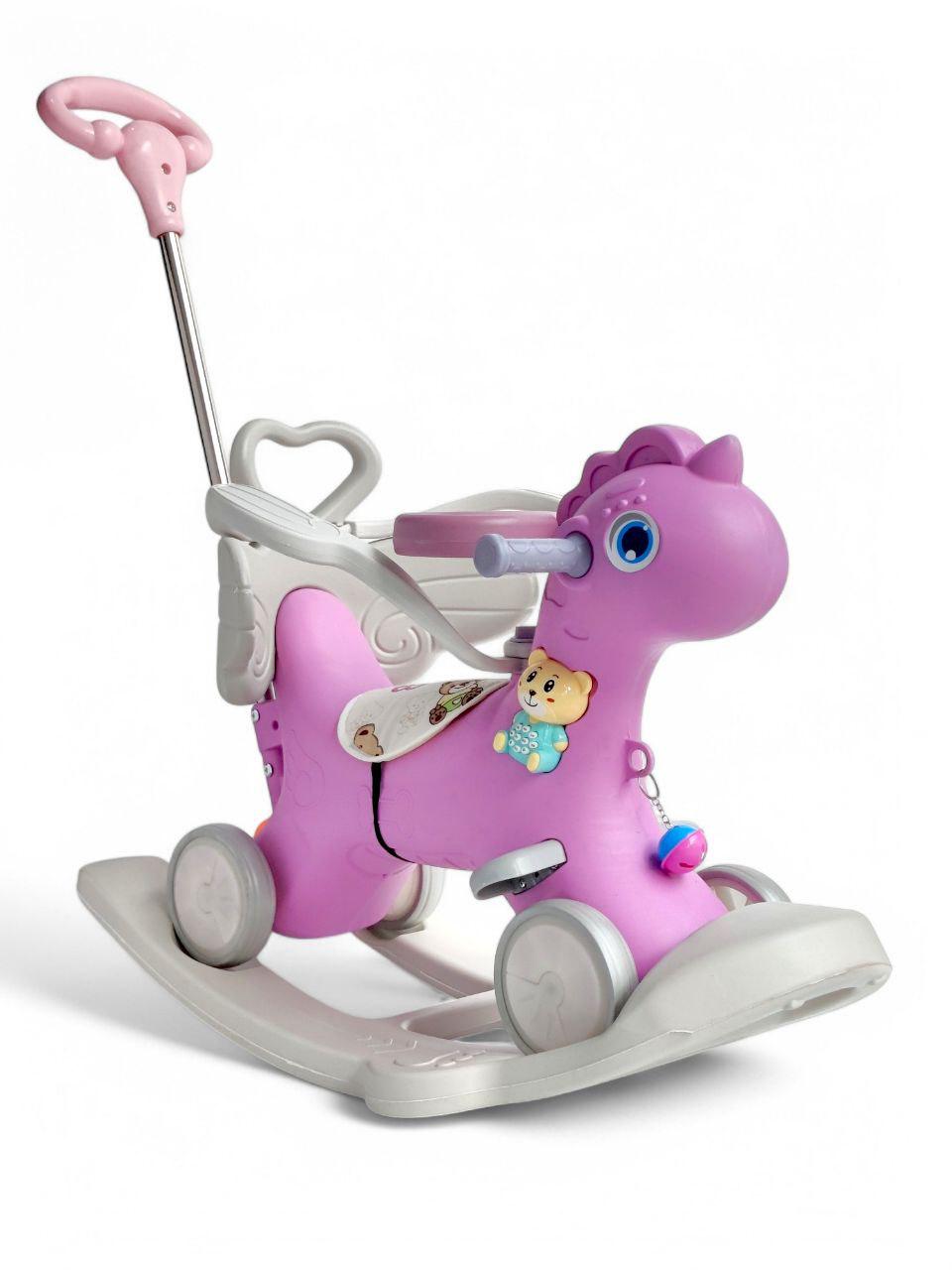 Каталка качалка беговел 3в1 с родительской ручкой и 4 колесами Pony Ride Конек 811 Розовый (811r-s3)