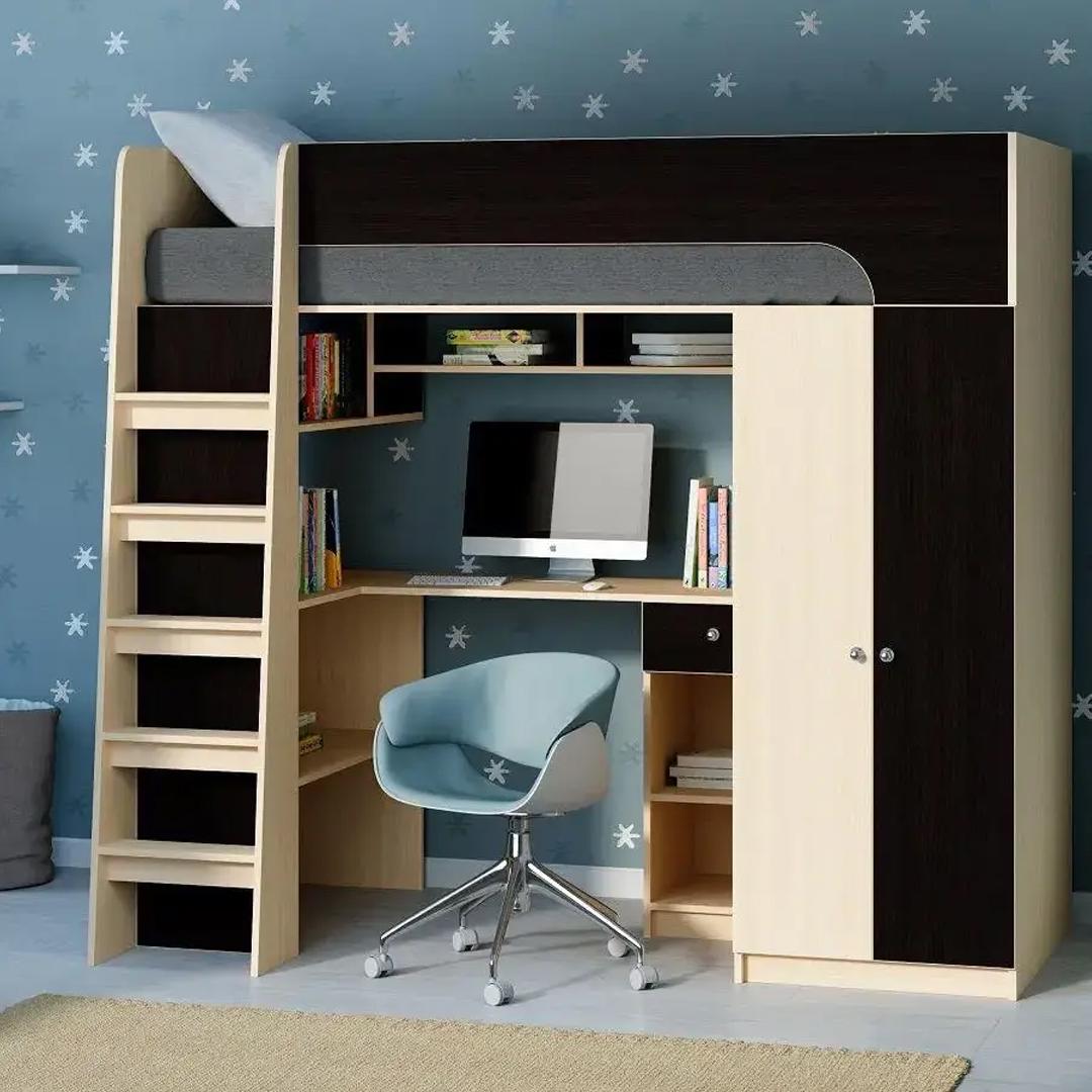 Кровать чердак Астра 10 DS-10 Design Service с лестницей и шкафом Дуб молочный и Венге