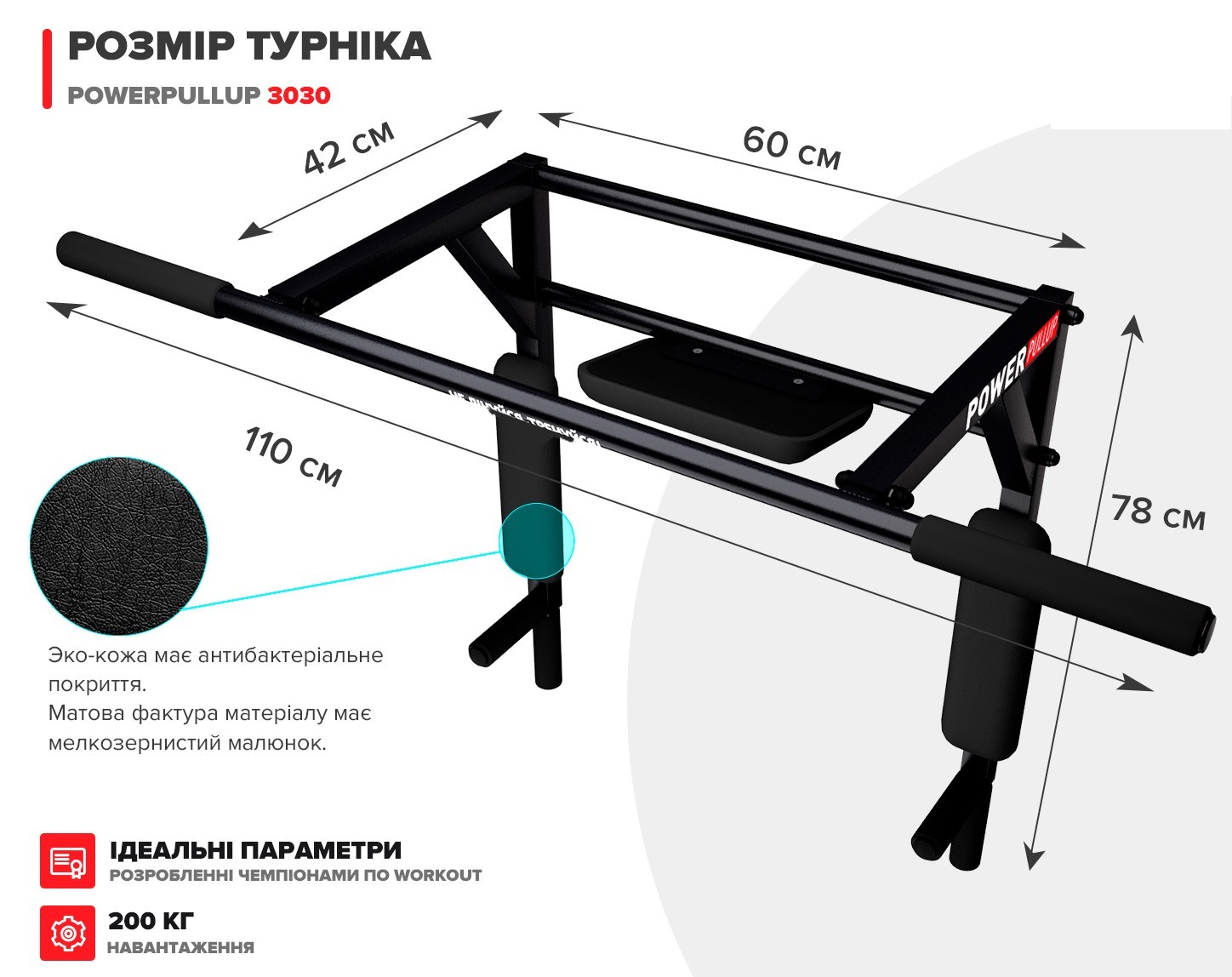 Настінний турнік бруси PowerPullUp 3в1 з упором для пресу Чорний (p3030-black) - фото 4