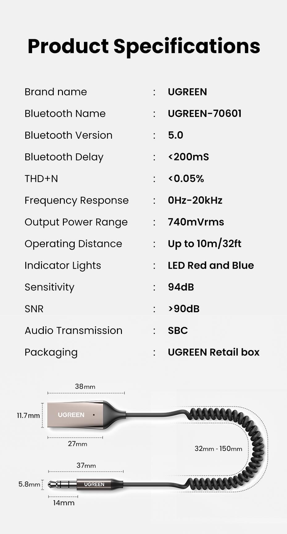 Адаптер UGREEN Bluetooth 5.3 приемник USB-3,5 мм minijack с микрофоном AUX стерео Черный (70601) - фото 8