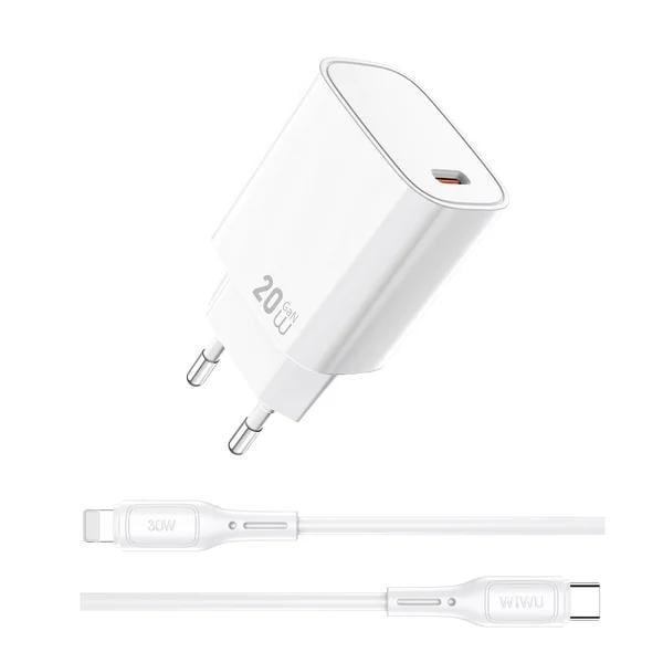 Зарядное устройство сетевое WIWU Essen GaN Wi-G007 20W USB-C PD с кабелем Lightning EU White (6977703653908)