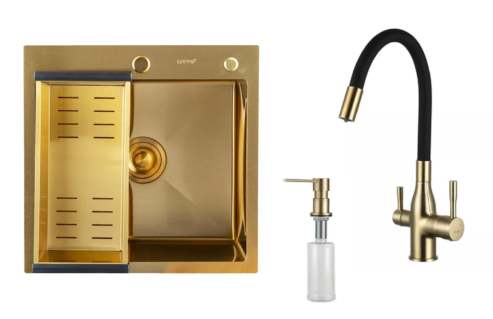Кухонная мойка Gappo 50/50 из нержавеющей стали со смесителем с подключением к фильтру дозатором и корзиной Золотой (1046108)