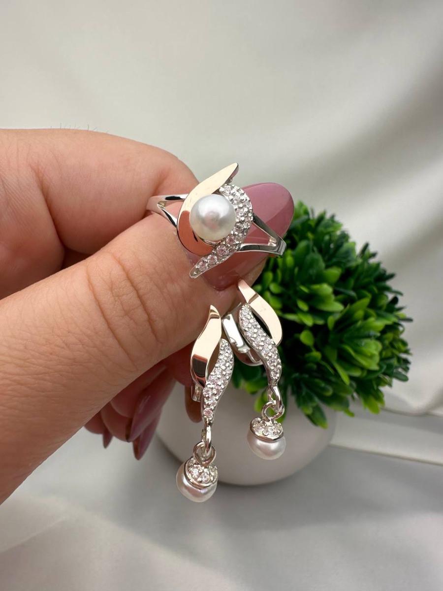 Комплект украшений из серебра 925 пробы с пластинами золота 375 пробы цирконами и жемчугом Коса кольцо/серьги (2554492062)