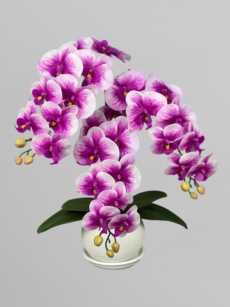 Композиция из искусственных орхидей из латекса Premium 3 веточки в белом керамическом кашпо Фуксия с белыми краями (А147)