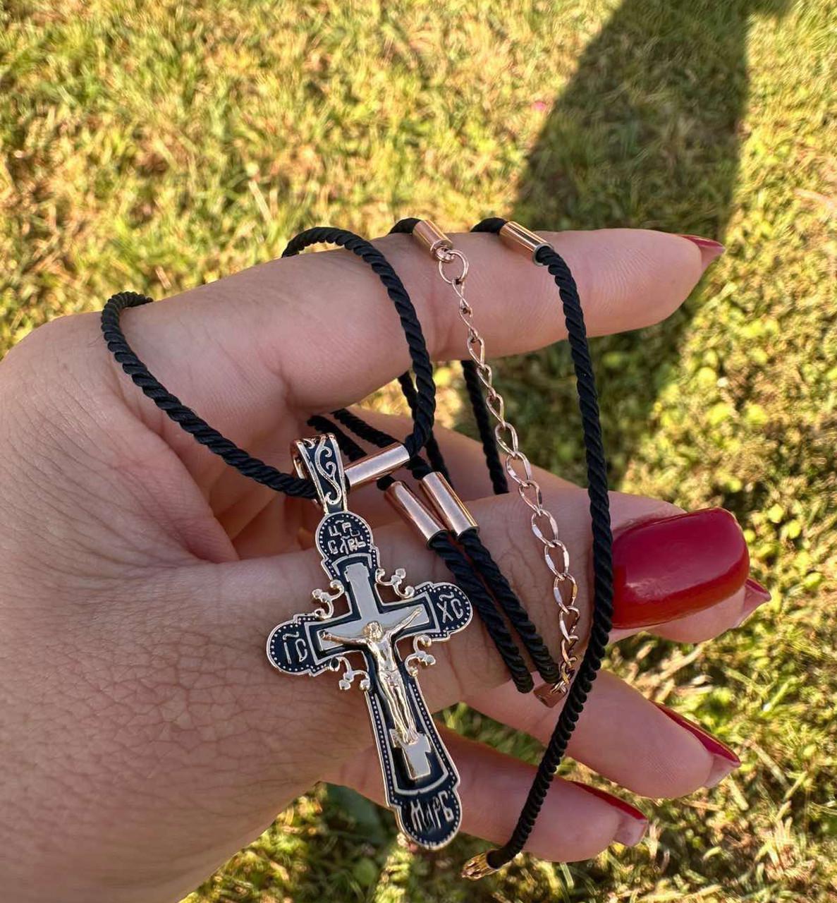 Набор украшений Xuping со вставками веревка 45/50/55/60 см 3 мм/крестик Православный 4,5х2,3 см 18к 585п на черной нити (82-054-1)