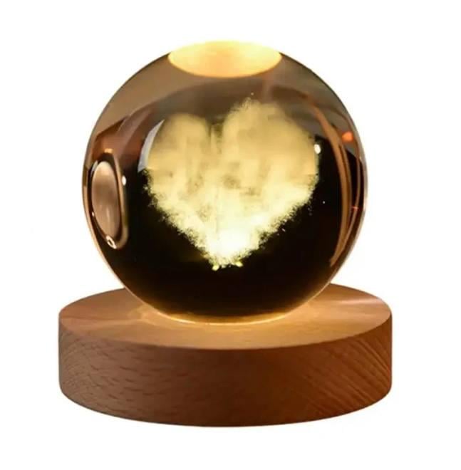 Ночник-хрустальный шар Сердце на деревянной подставке LED подсветки/от USB 8 см (м00260)
