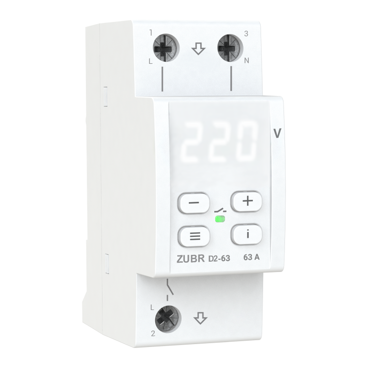 Реле напряжения ZUBR D2-63 однофазное с термозащитой 63А max 80А 13900ВА (4820120221705)
