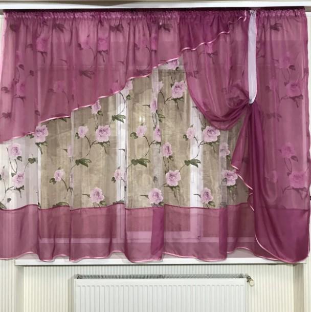 Занавеска на кухню из шифона и органзы 350х150 см Малиновый (410-33)