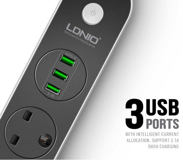Подовжувач мережевий LDNIO SC3301 3 розетки 3 USB 1,6 м Сіро-чорний (1903267694) - фото 2 Подовжувач мережевий LDNIO SC3301 3 розетки 3 USB 1,6 м Сіро-чорний (1903267694) - фото 2