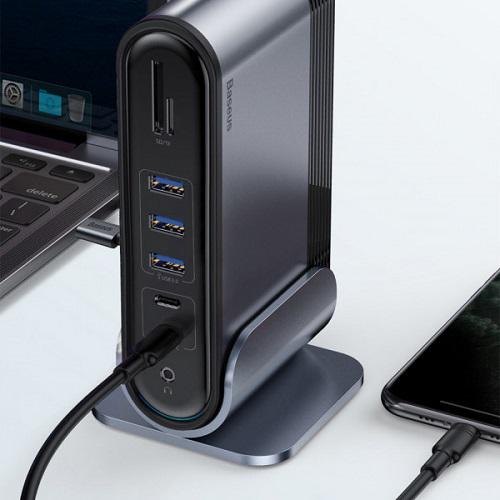 Док-станція USB3.2 Type-C BASEUS CAHUB-DG0G 3xHDMI/2xUSB-C/5xUSB/RJ45/SD/TRRS 3.5/PD 100W - фото 14