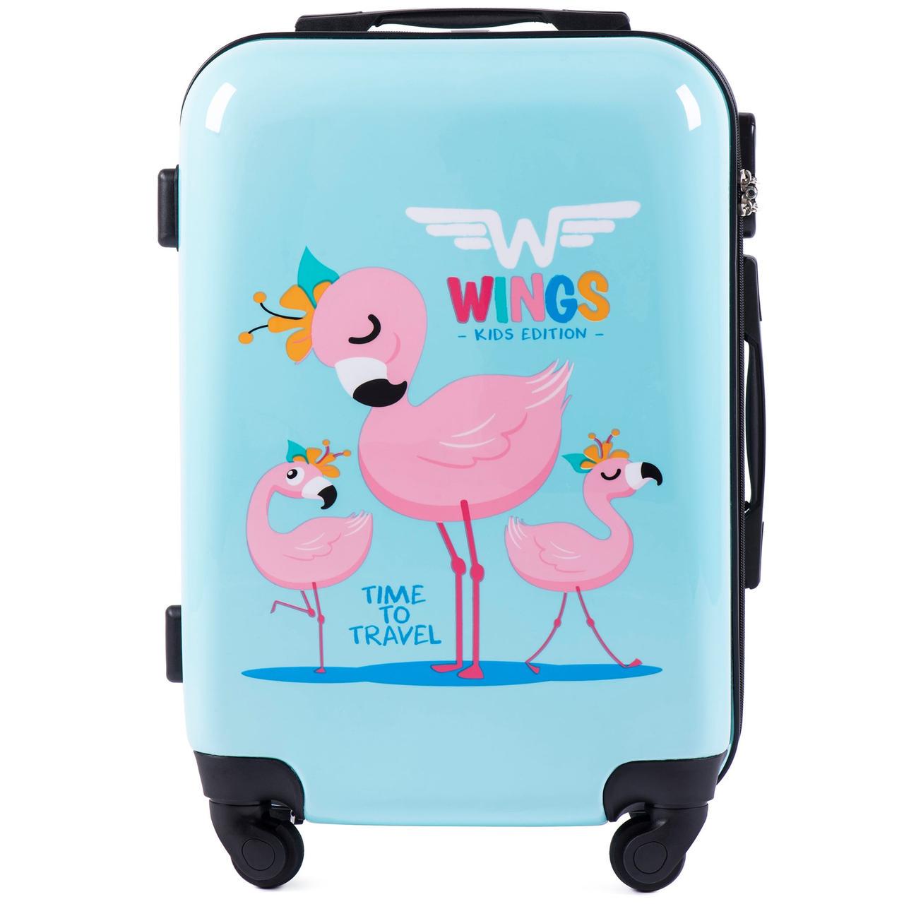 Чемодан пластиковый детский Wings Flamingo серии Kids Edition S ручная кладь на 4 колесах Голубой