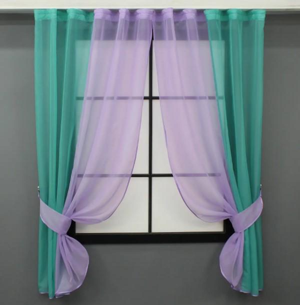 Шторки на кухню с подвязками шифон 265х170 см Бирюзовый/Сиреневой (017к)