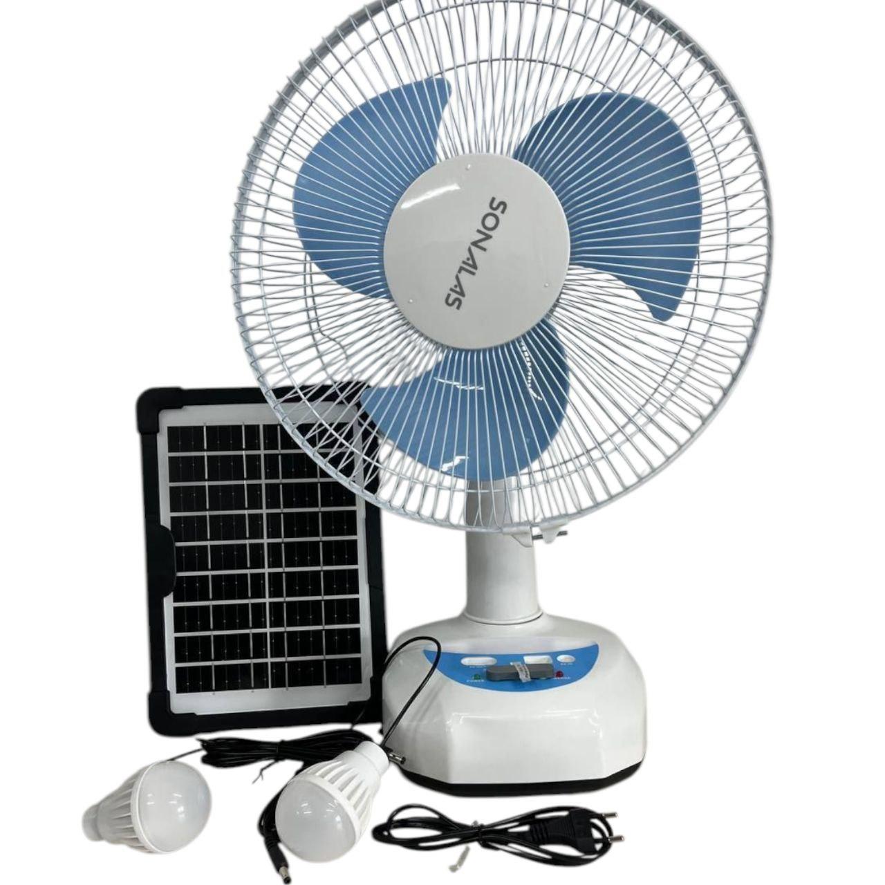 Вентилятор SONALAS SL662 солнечная панель 2 LED лампы 2 скорости автооборот 6 Вт USB 9V 4500 мАч (5-18-M17200)